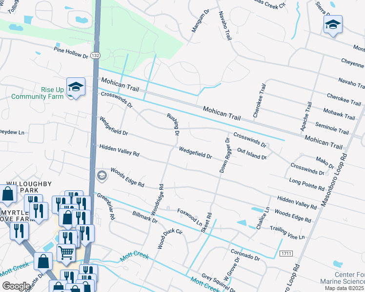 map of restaurants, bars, coffee shops, grocery stores, and more near 4805 Wedgefield Drive in Wilmington