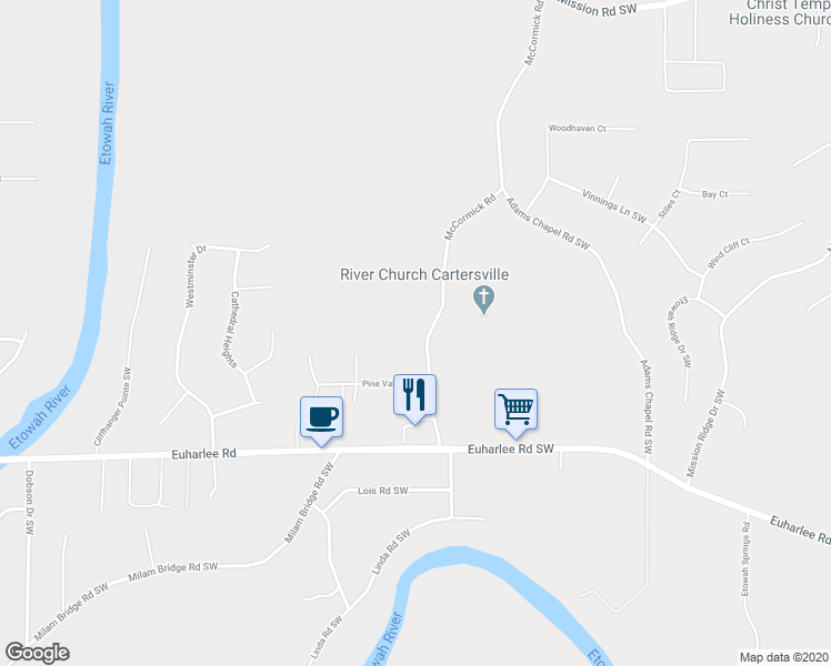 map of restaurants, bars, coffee shops, grocery stores, and more near 250 McCormick Road in Cartersville