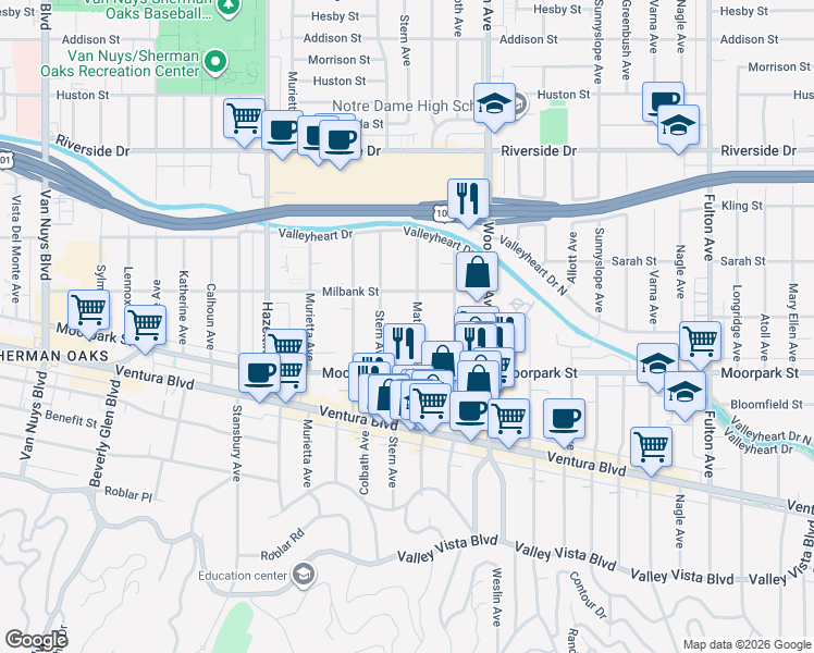 map of restaurants, bars, coffee shops, grocery stores, and more near 4455 Matilija Avenue in Los Angeles