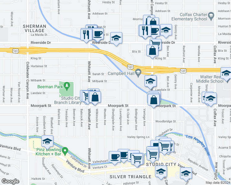 map of restaurants, bars, coffee shops, grocery stores, and more near 12316 Landale Street in Los Angeles
