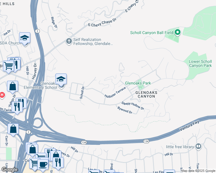 map of restaurants, bars, coffee shops, grocery stores, and more near 535 Arch Place in Glendale