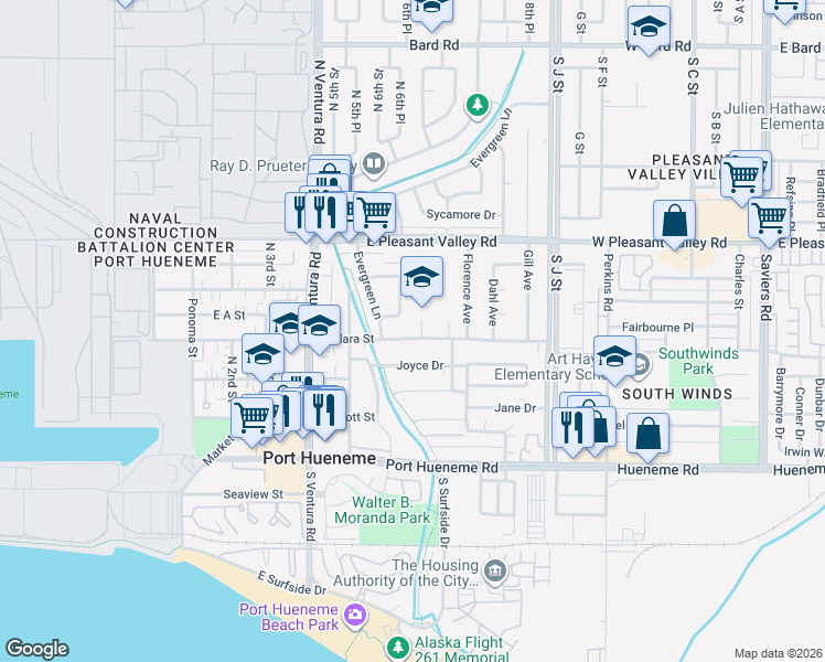 map of restaurants, bars, coffee shops, grocery stores, and more near 603 East Clara Street in Port Hueneme