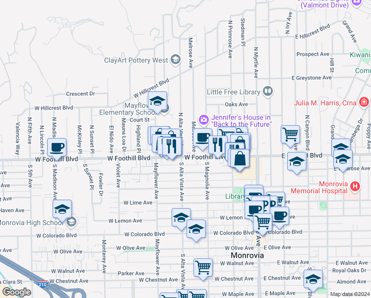 map of restaurants, bars, coffee shops, grocery stores, and more near 2 North Alta Vista Avenue in Monrovia