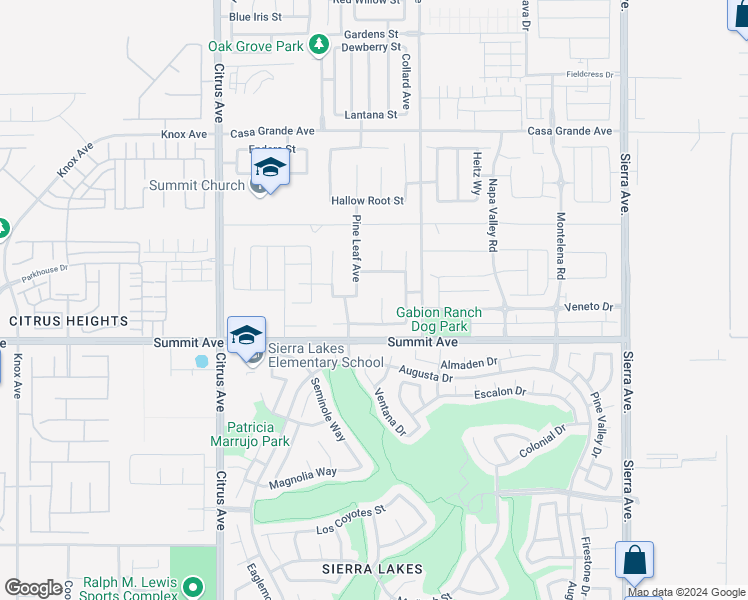 map of restaurants, bars, coffee shops, grocery stores, and more near 5618 Lancewood Court in Fontana