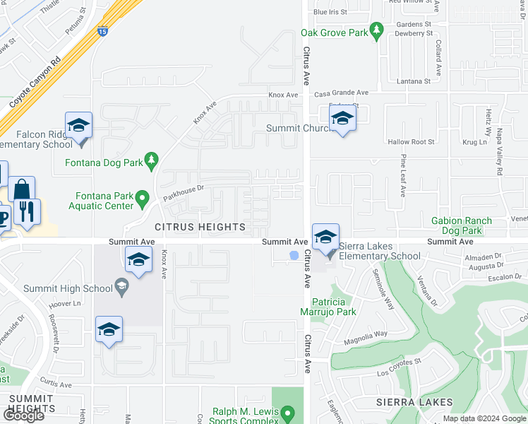 map of restaurants, bars, coffee shops, grocery stores, and more near 5630 Altamura Way in Fontana