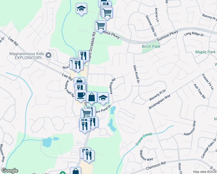 map of restaurants, bars, coffee shops, grocery stores, and more near 203 Kendrick Road in Columbia