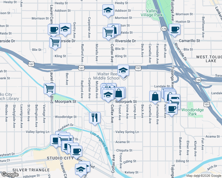 map of restaurants, bars, coffee shops, grocery stores, and more near 4455 Colfax Avenue in Los Angeles