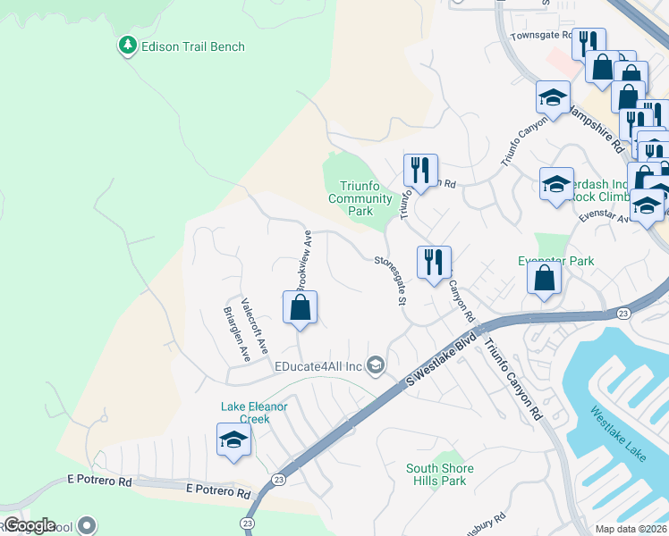 map of restaurants, bars, coffee shops, grocery stores, and more near 1096 Stoneshead Court in Westlake Village