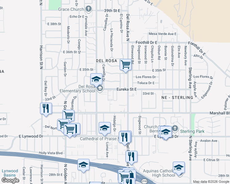 map of restaurants, bars, coffee shops, grocery stores, and more near 1525 Eureka Street East in San Bernardino