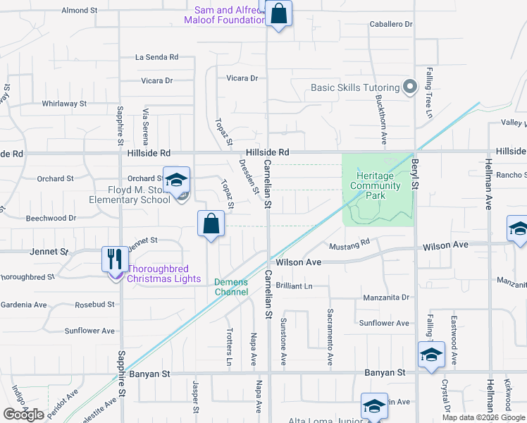 map of restaurants, bars, coffee shops, grocery stores, and more near 5644 Dresden Street in Rancho Cucamonga