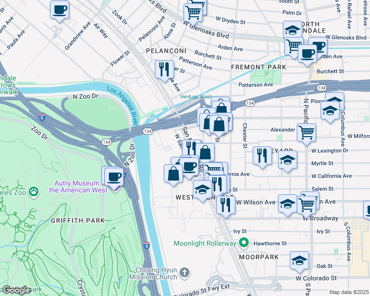 map of restaurants, bars, coffee shops, grocery stores, and more near 5420-5440 W San Fernando Rd in Los Angeles