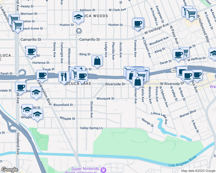 map of restaurants, bars, coffee shops, grocery stores, and more near West Riverside Drive in Burbank