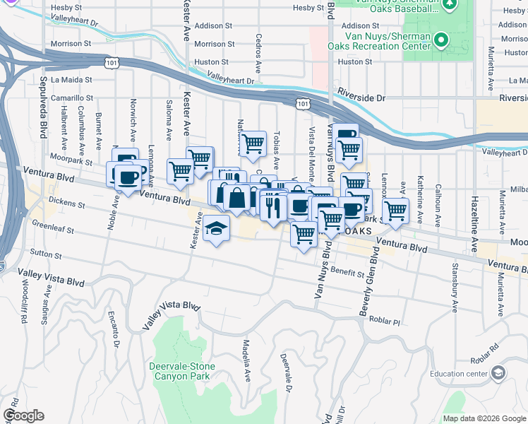 map of restaurants, bars, coffee shops, grocery stores, and more near 14709 Ventura Boulevard in Los Angeles