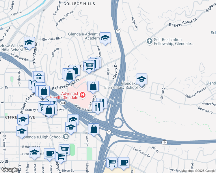 map of restaurants, bars, coffee shops, grocery stores, and more near 1825 Orchard Avenue in Glendale