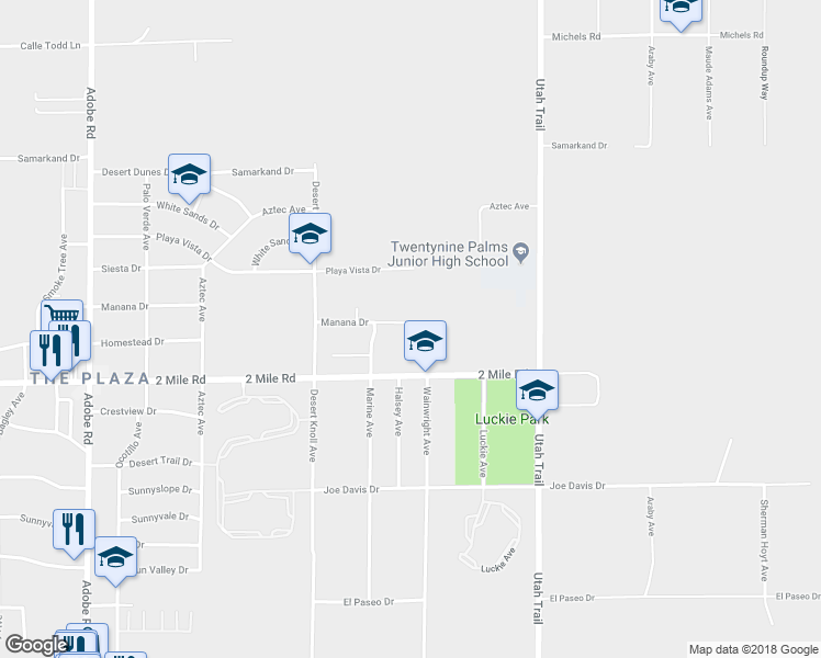 map of restaurants, bars, coffee shops, grocery stores, and more near 74127 Manana Drive in Twentynine Palms