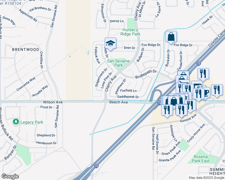 map of restaurants, bars, coffee shops, grocery stores, and more near 5621 Hunt Club Drive in Fontana