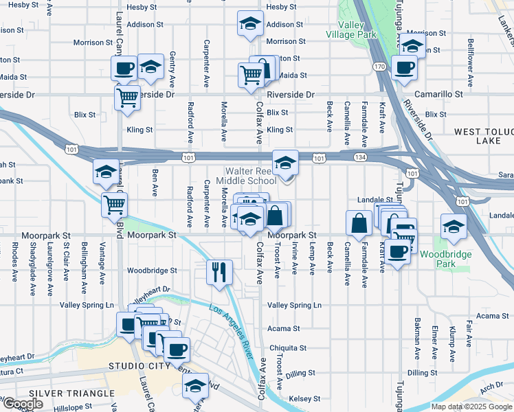 map of restaurants, bars, coffee shops, grocery stores, and more near 4453 Colfax Avenue in Los Angeles