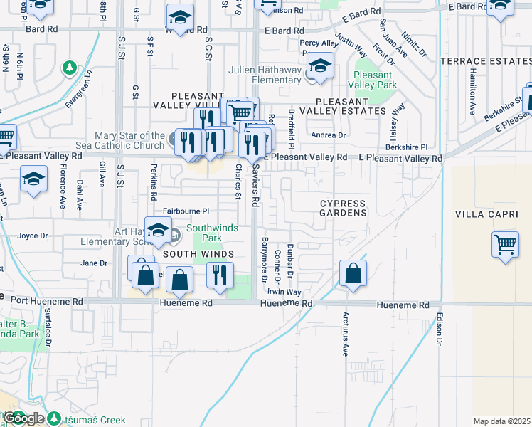 map of restaurants, bars, coffee shops, grocery stores, and more near 5304 Barrymore Drive in Oxnard