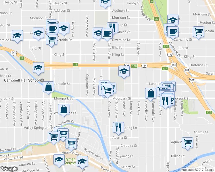 map of restaurants, bars, coffee shops, grocery stores, and more near 4453 Colfax Avenue in Los Angeles