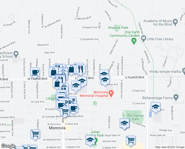 map of restaurants, bars, coffee shops, grocery stores, and more near 111 Poinsettia Avenue in Monrovia