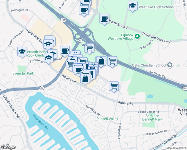 map of restaurants, bars, coffee shops, grocery stores, and more near 2806c Village Glen in Thousand Oaks