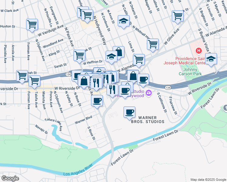map of restaurants, bars, coffee shops, grocery stores, and more near 123 North Screenland Drive in Burbank
