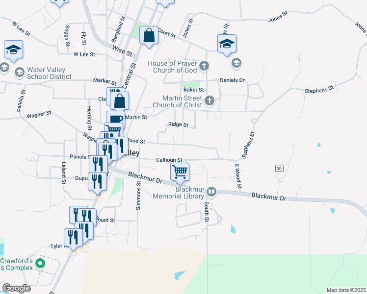 map of restaurants, bars, coffee shops, grocery stores, and more near 412 Wood Street in Water Valley