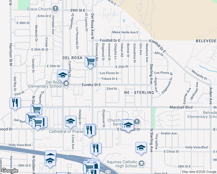 map of restaurants, bars, coffee shops, grocery stores, and more near 25400 33rd Street in San Bernardino