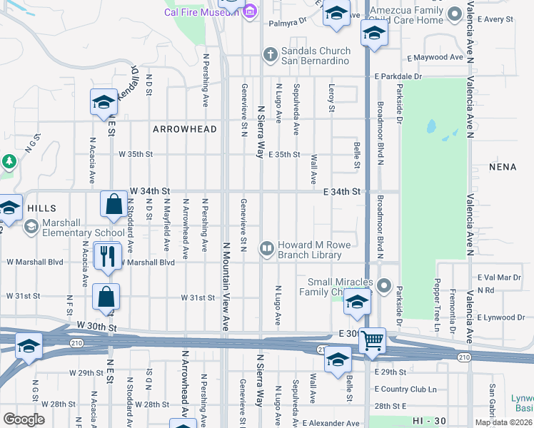 map of restaurants, bars, coffee shops, grocery stores, and more near 3331 North Sierra Way in San Bernardino