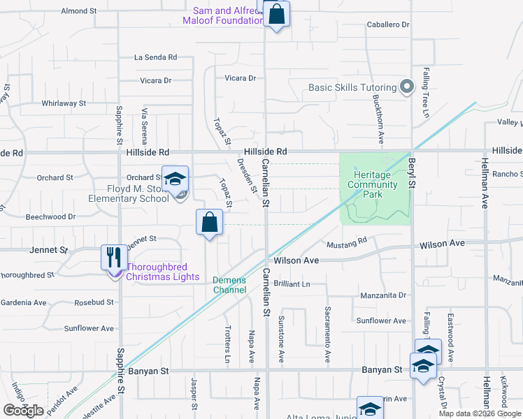 map of restaurants, bars, coffee shops, grocery stores, and more near 5644 Dresden Street in Rancho Cucamonga