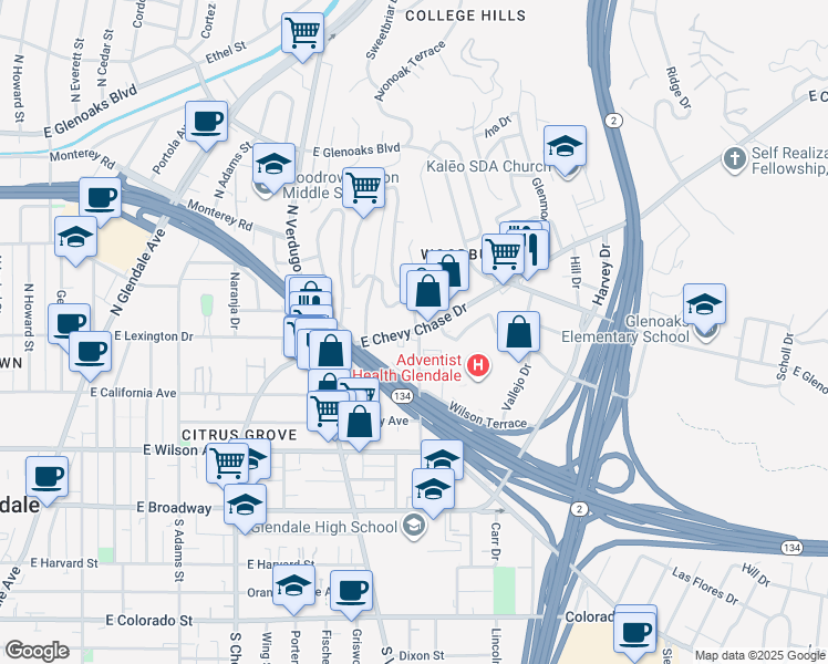 map of restaurants, bars, coffee shops, grocery stores, and more near 1479 East Chevy Chase Drive in Glendale