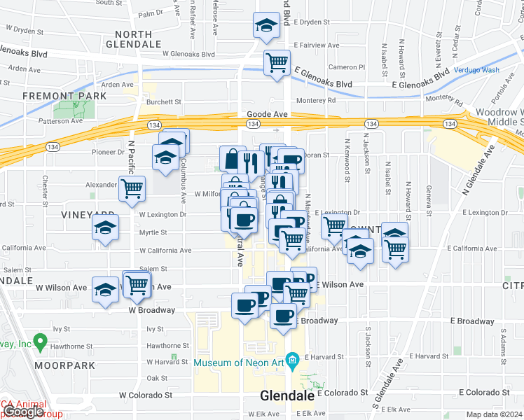 map of restaurants, bars, coffee shops, grocery stores, and more near 201 West Lexington Drive in Glendale