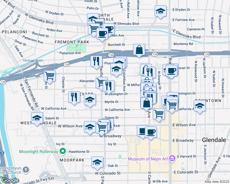 map of restaurants, bars, coffee shops, grocery stores, and more near 439 West Lexington Drive in Glendale