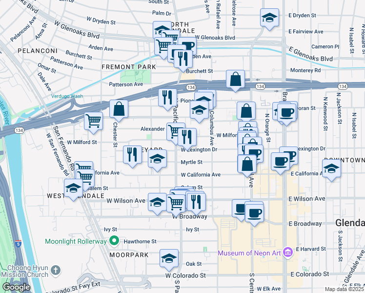 map of restaurants, bars, coffee shops, grocery stores, and more near 408 North Pacific Avenue in Glendale