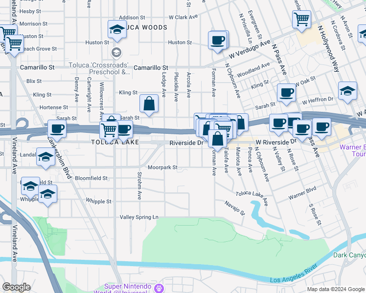 map of restaurants, bars, coffee shops, grocery stores, and more near 4450 Placidia Avenue in Los Angeles