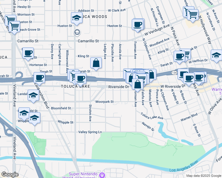 map of restaurants, bars, coffee shops, grocery stores, and more near 4450 Placidia Avenue in Los Angeles
