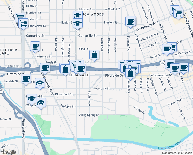 map of restaurants, bars, coffee shops, grocery stores, and more near 4461 Moorpark Way in Los Angeles