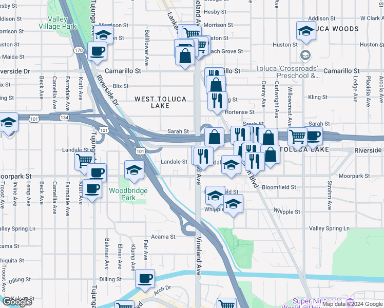 map of restaurants, bars, coffee shops, grocery stores, and more near 4460 Ensign Avenue in Los Angeles