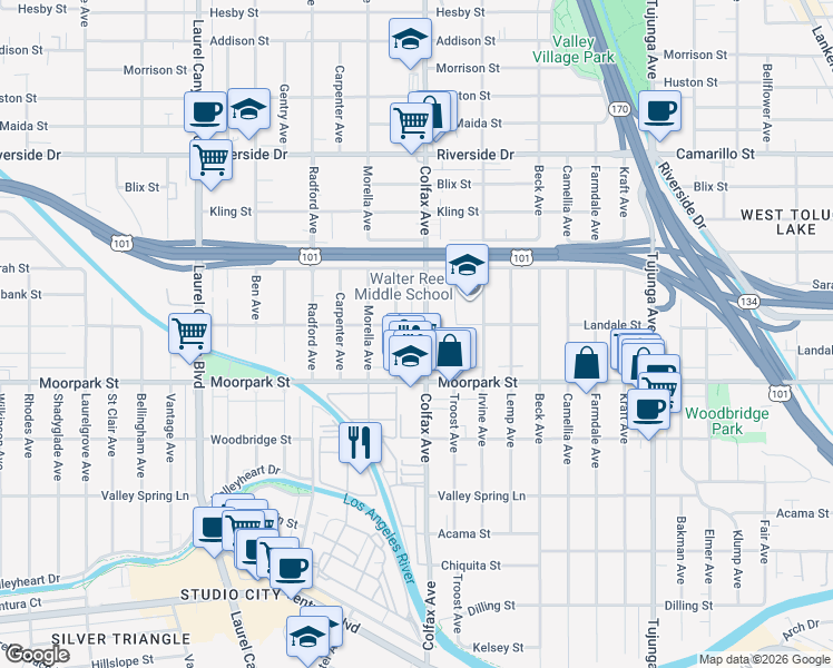 map of restaurants, bars, coffee shops, grocery stores, and more near 4453 Colfax Avenue in Los Angeles