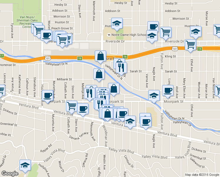 map of restaurants, bars, coffee shops, grocery stores, and more near 4469 Ventura Canyon Avenue in Los Angeles