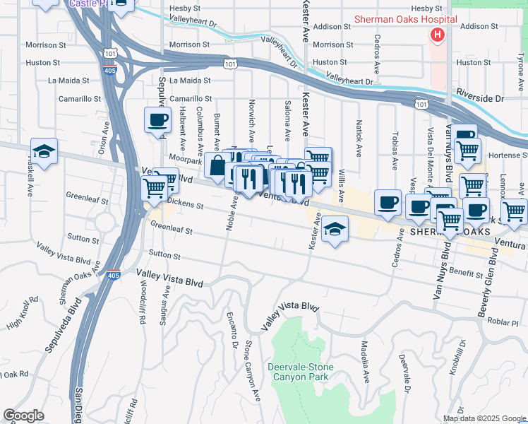 map of restaurants, bars, coffee shops, grocery stores, and more near 14961 Dickens Street in Los Angeles