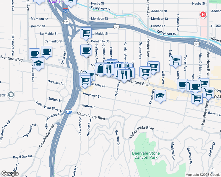 map of restaurants, bars, coffee shops, grocery stores, and more near 15112 Dickens Street in Los Angeles