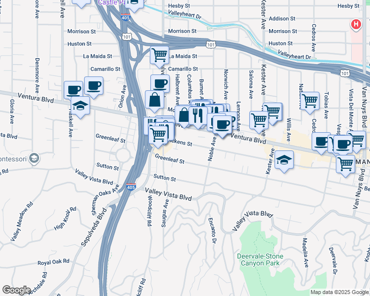 map of restaurants, bars, coffee shops, grocery stores, and more near 15204 Dickens Street in Los Angeles