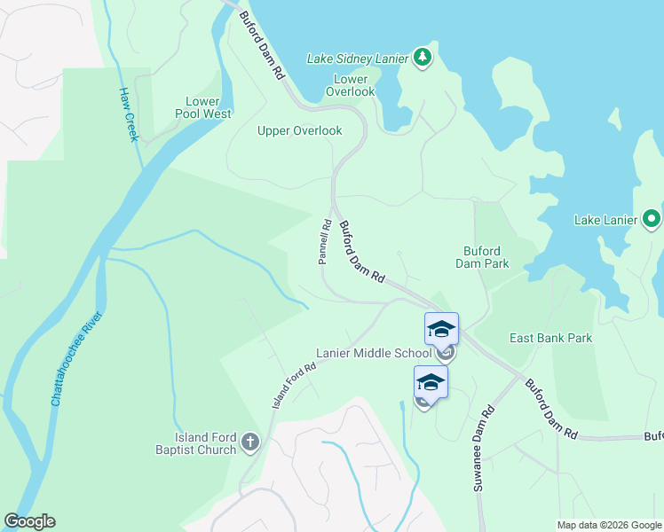 map of restaurants, bars, coffee shops, grocery stores, and more near 6755 Pannell Road in Buford