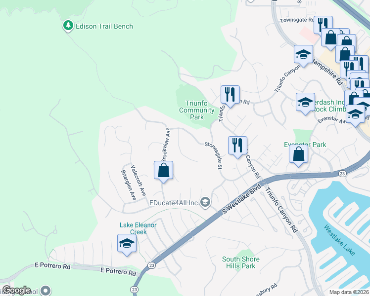 map of restaurants, bars, coffee shops, grocery stores, and more near 1096 Stoneshead Court in Westlake Village