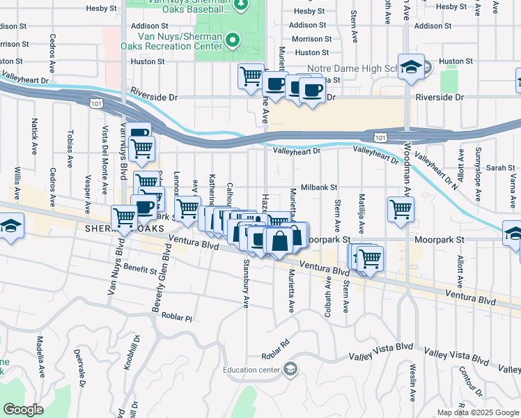 map of restaurants, bars, coffee shops, grocery stores, and more near 4455 Hazeltine Avenue in Los Angeles