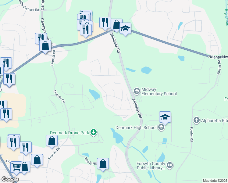 map of restaurants, bars, coffee shops, grocery stores, and more near 730 Harcombe Way in Alpharetta