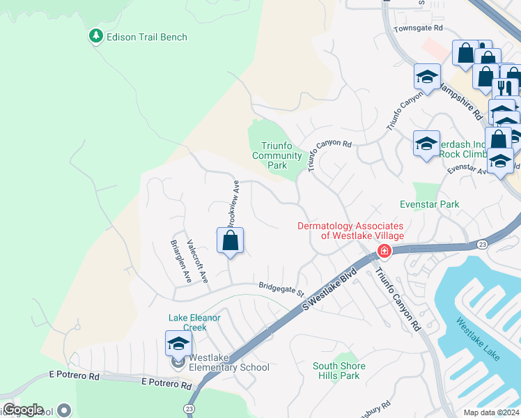map of restaurants, bars, coffee shops, grocery stores, and more near 1096 Stoneshead Court in Westlake Village
