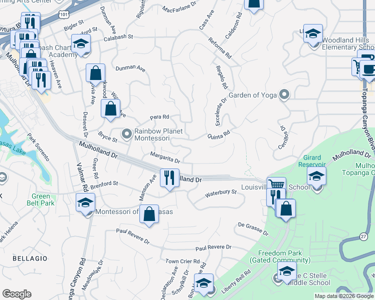 map of restaurants, bars, coffee shops, grocery stores, and more near 23225 Cass Avenue in Los Angeles