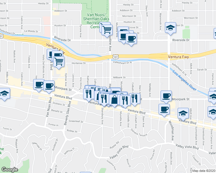 map of restaurants, bars, coffee shops, grocery stores, and more near 4455 Hazeltine Avenue in Los Angeles